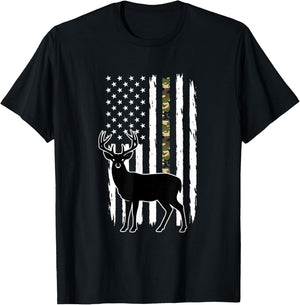 Deer Camo American Flag Buck Patriotic Hunting Design T-Shirt - T-Shirt | Black