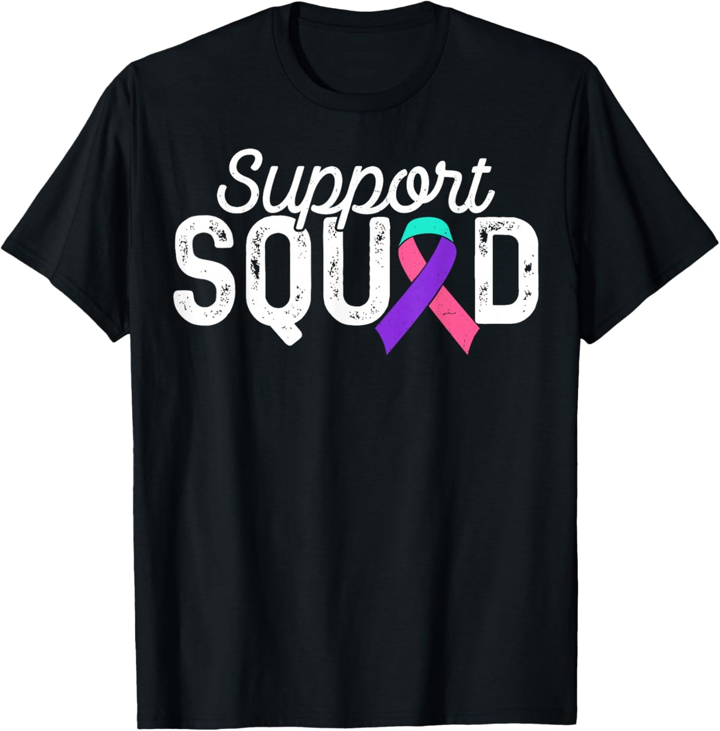 Teal Pink Blue Ribbon Support Squad Thyroid Cancer Awareness T-Shirt - T-Shirt | Black