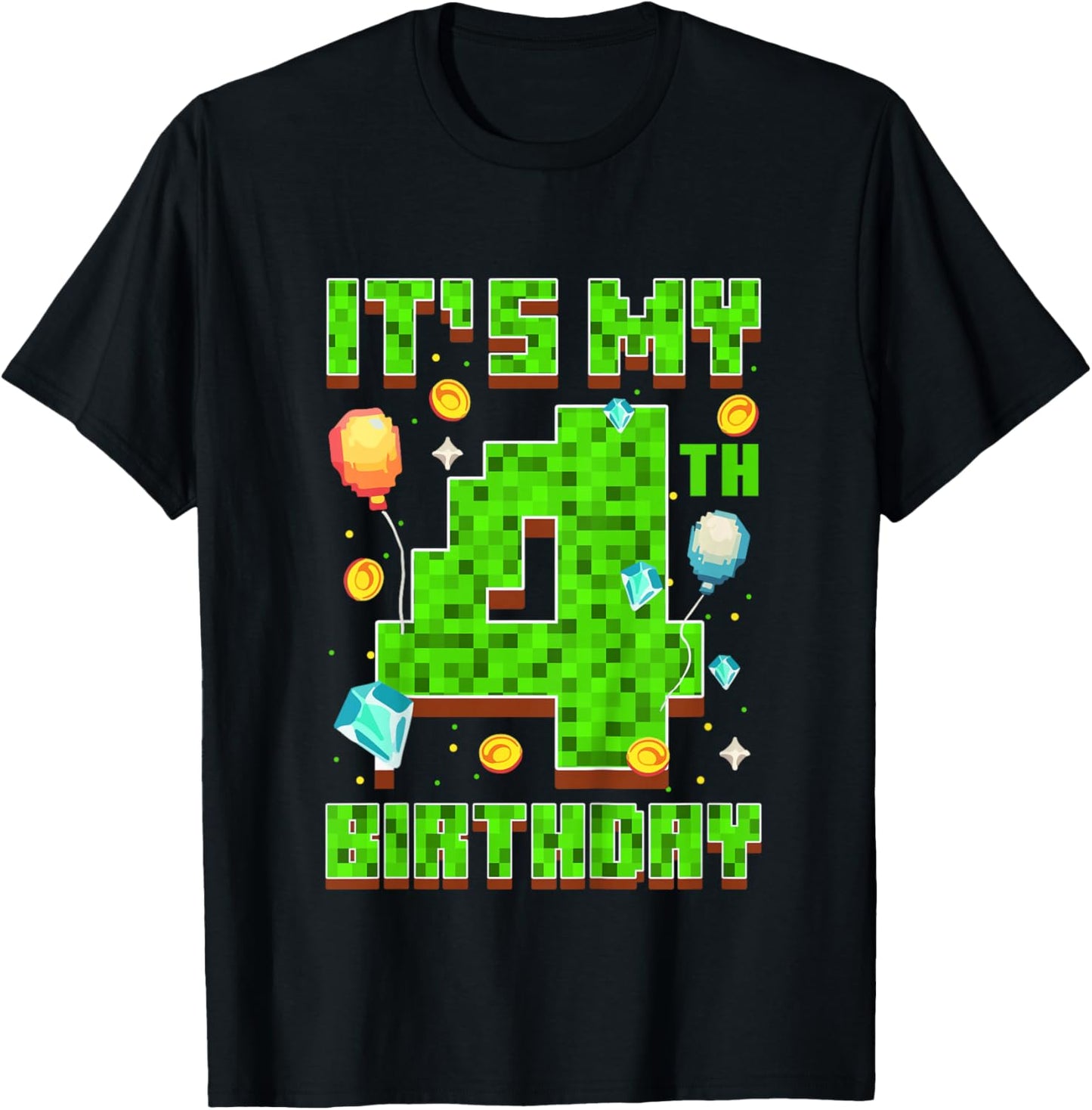 Kids It's My 4th Birthday Boy 4 Year Old Video Gamer Pixel T-Shirt - T-Shirt | Black