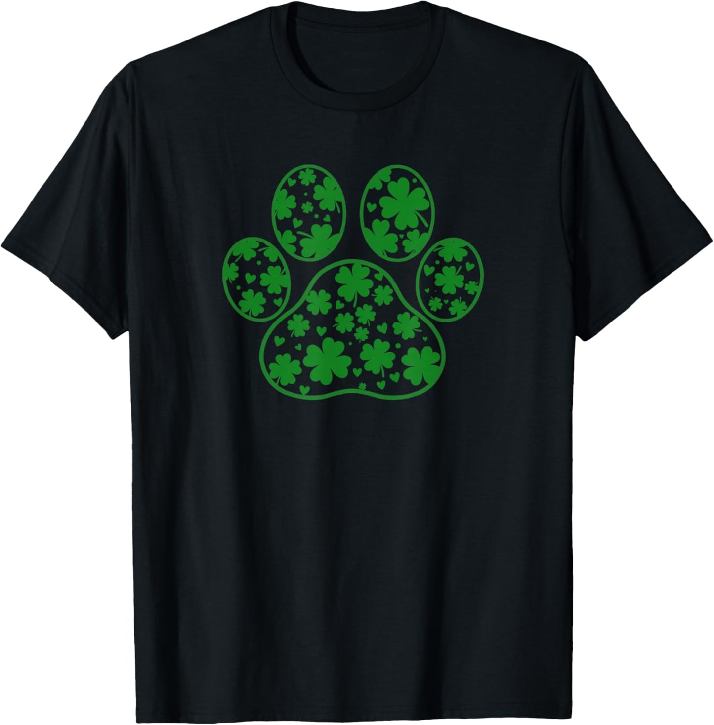St Patricks Day Green Paw Print Shamrock Clover Pattern T-Shirt - T-Shirt | Black