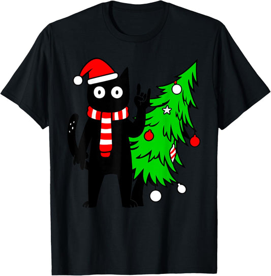 Christmas Cat Men Family Funny Black Cat Tree T-Shirt - T-Shirt | Black
