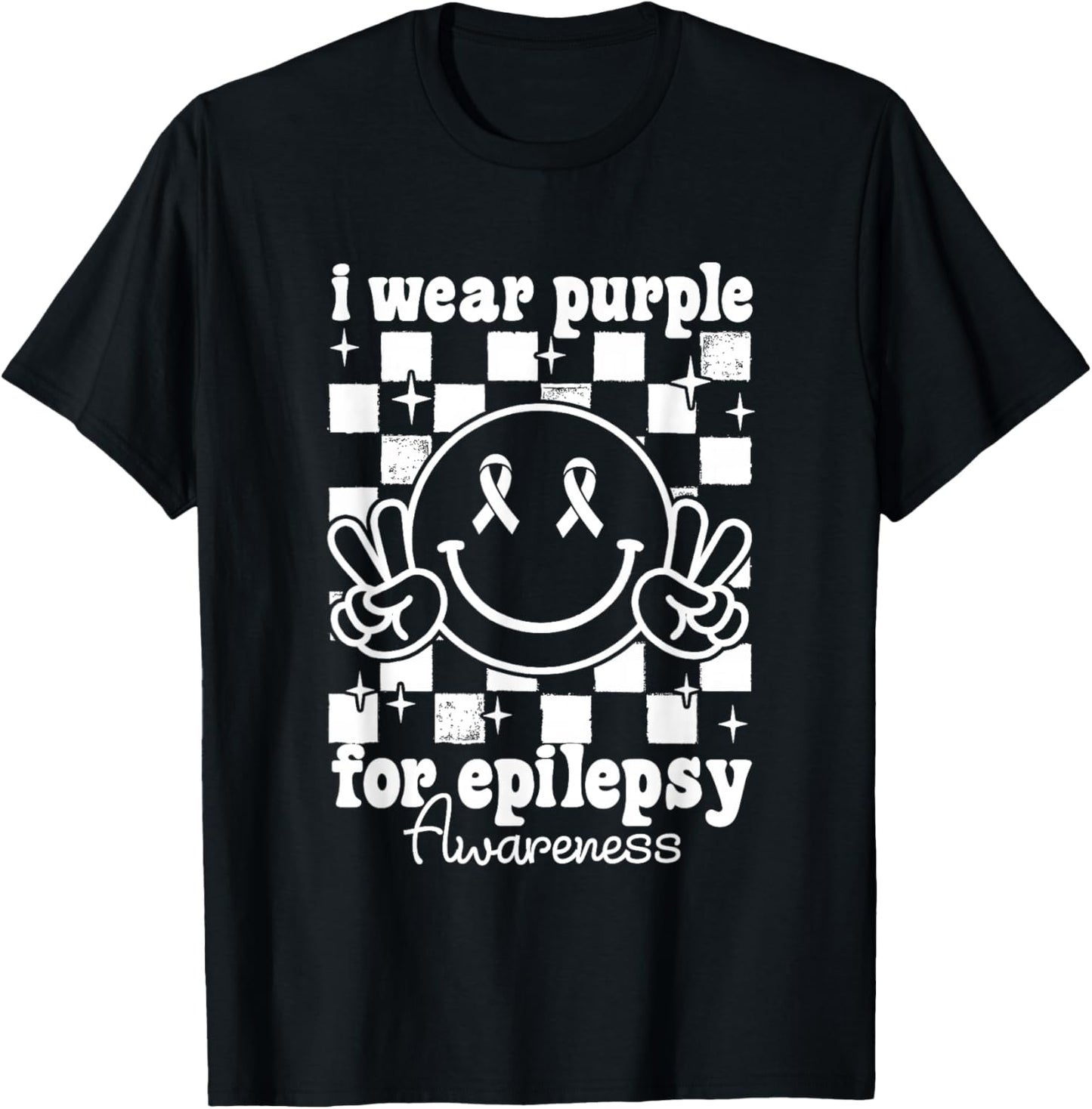 I Wear Purple for Epilepsy Awareness Checkered Smile Face T-Shirt - T-Shirt | Black
