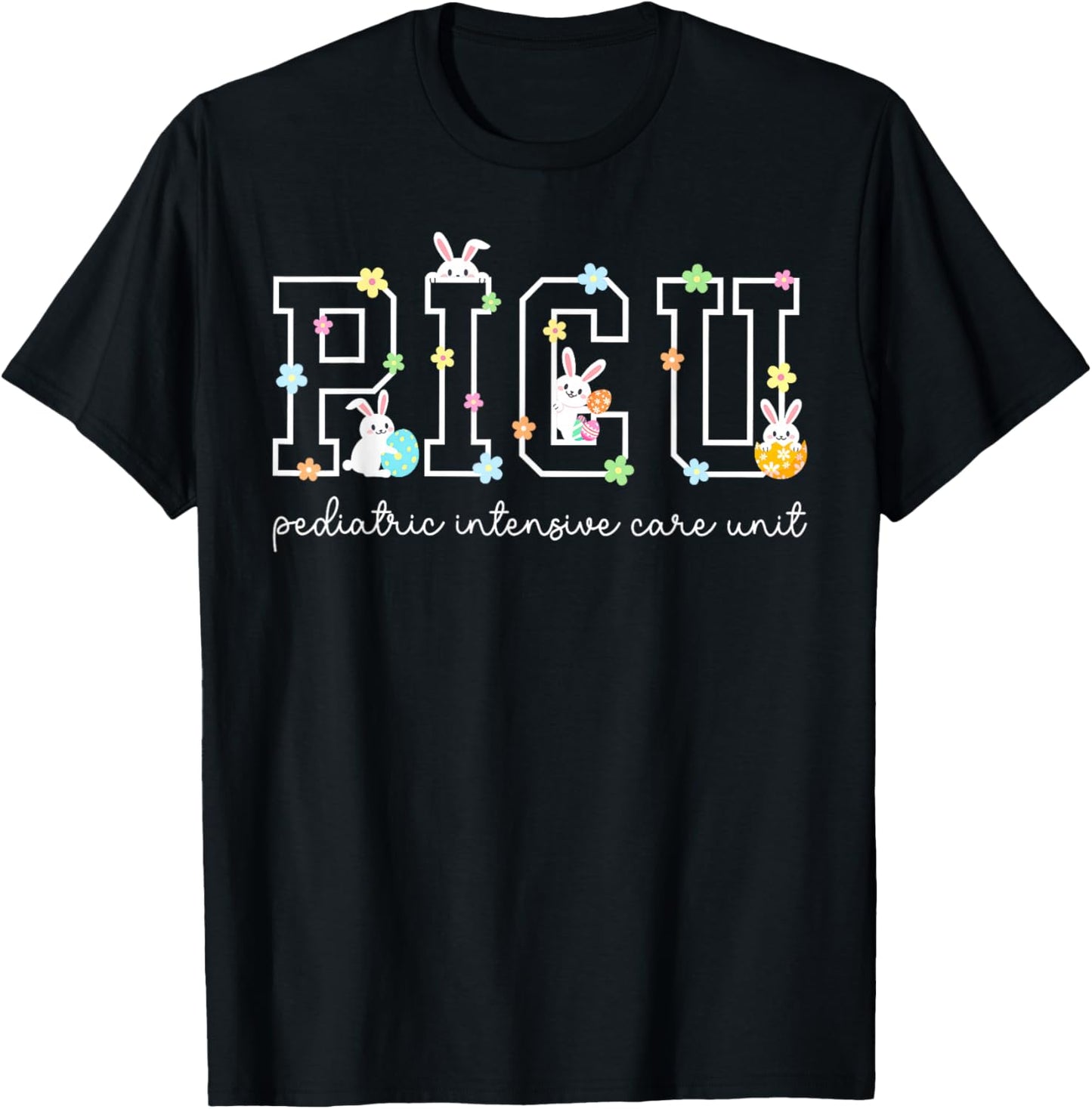 Retro PICU Nurse Floral Bunny Easter Pediatric ICU Nurse RN T-Shirt - T-Shirt | Black