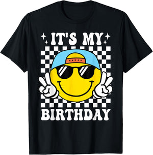 Groovy It's My Birthday Boys Kids Happy Face Birthday Party T-Shirt - T-Shirt | Black
