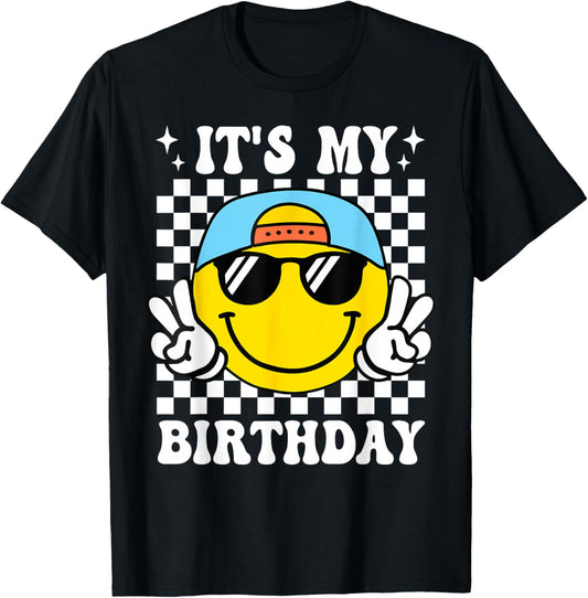 Groovy It's My Birthday Boys Kids Happy Face Birthday Party T-Shirt - T-Shirt | Black