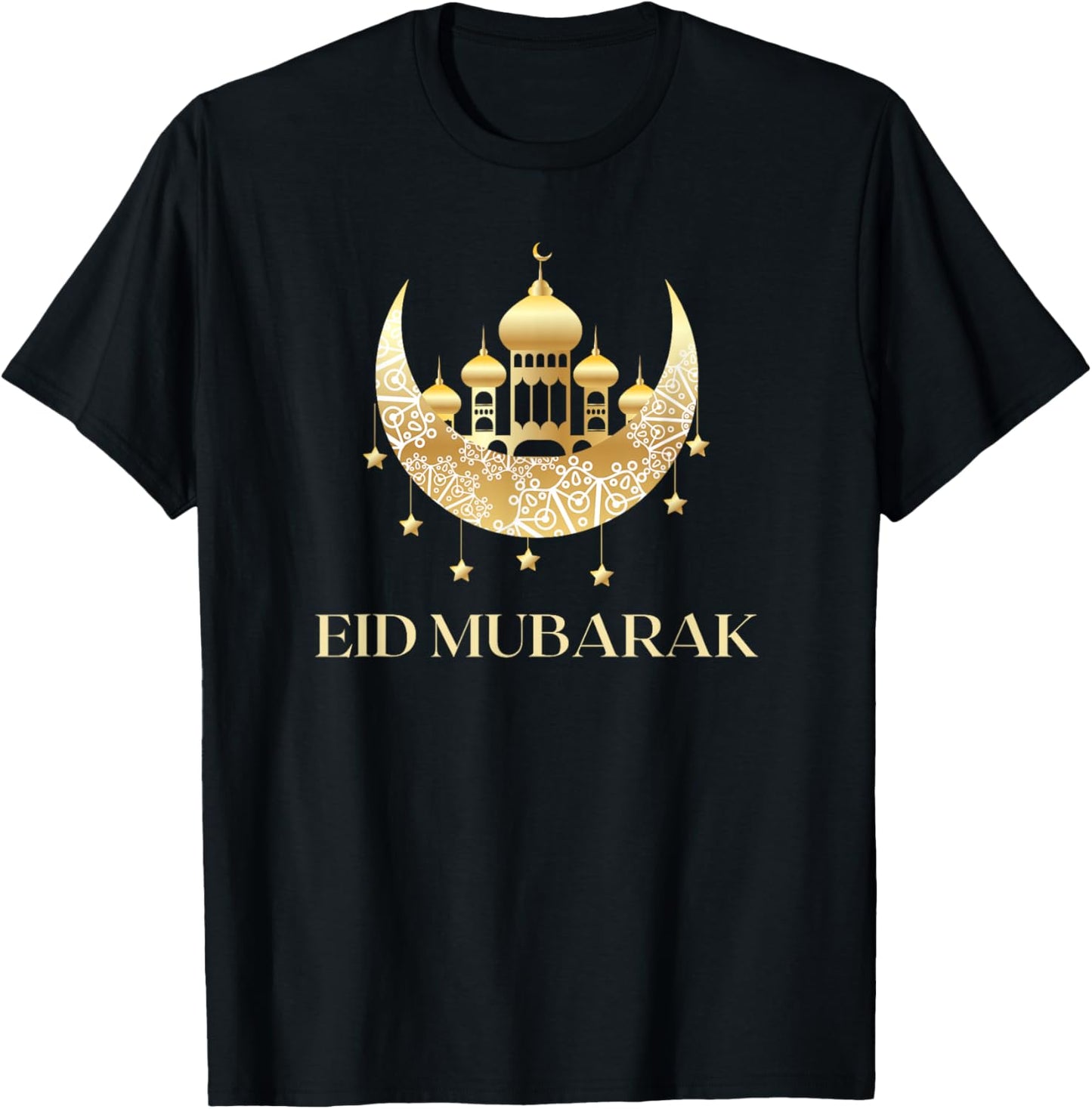 Eid Mubarak Golden Crescent Mosque Illustration T-Shirt - T-Shirt | Black
