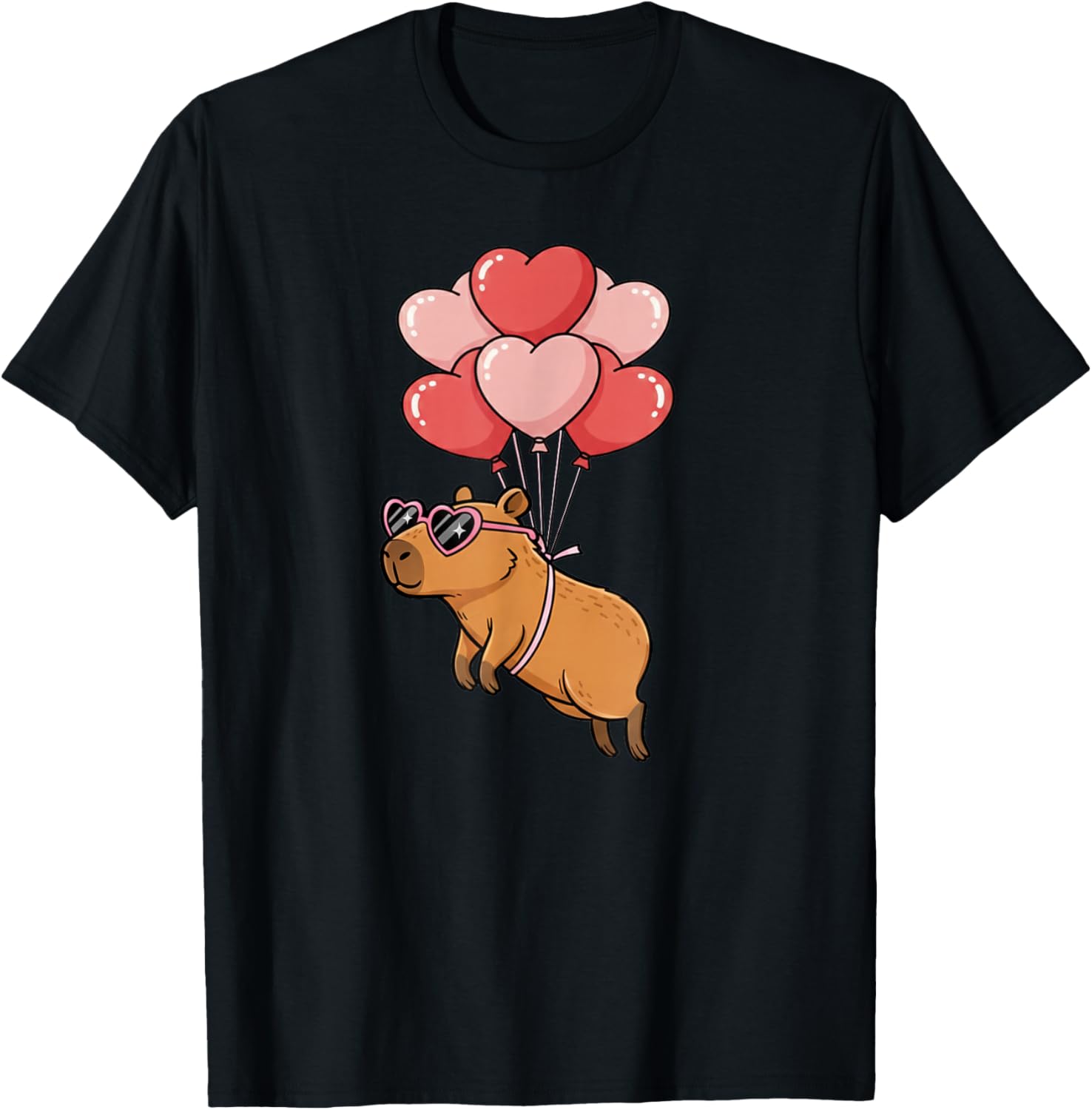 Kids Girls Valentines Day Heart Balloons Capybara T-Shirt - T-Shirt | Black
