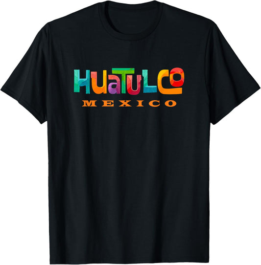Huatulco Mexico Retro Tropical Typographic Design T-Shirt - T-Shirt | Black