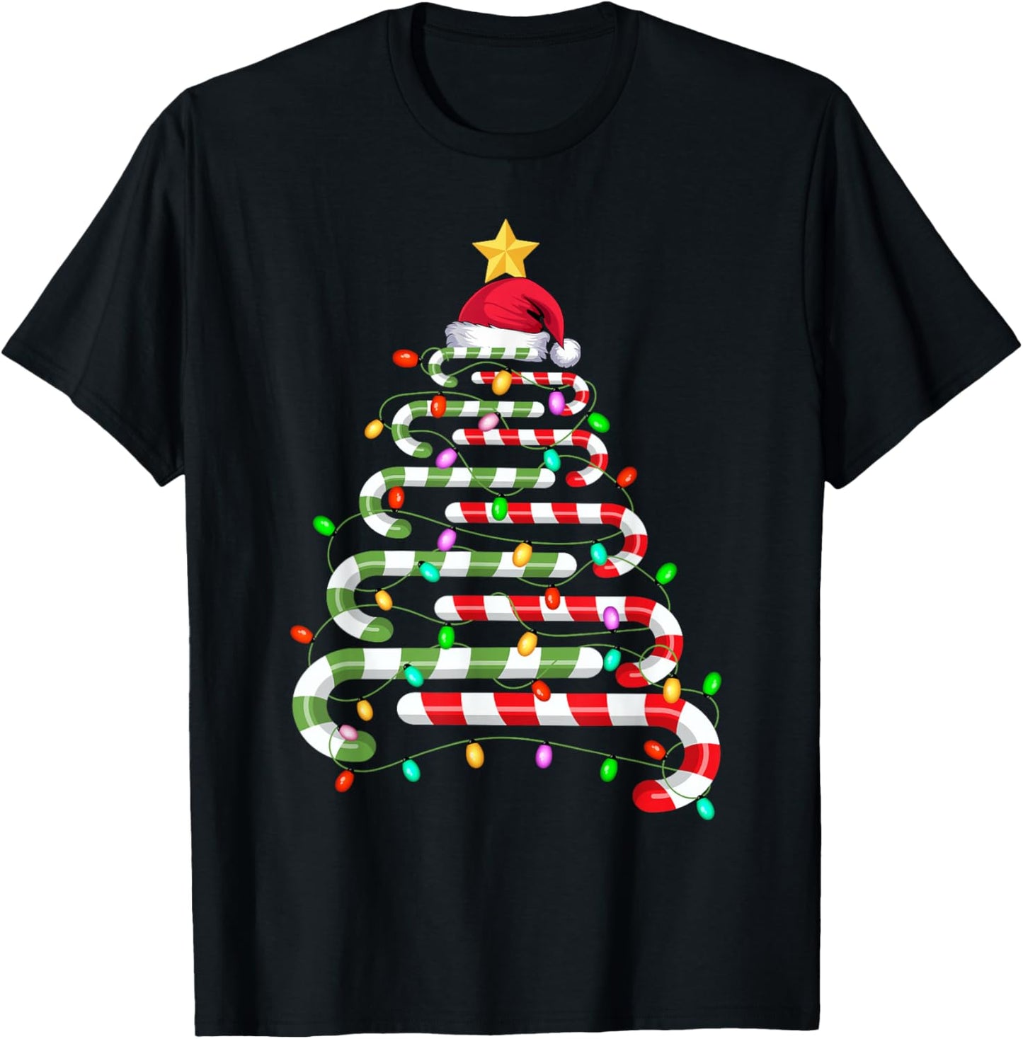 Candy Cane Christmas Tree Lights Men Women Kids Xmas T-Shirt - T-Shirt | Black