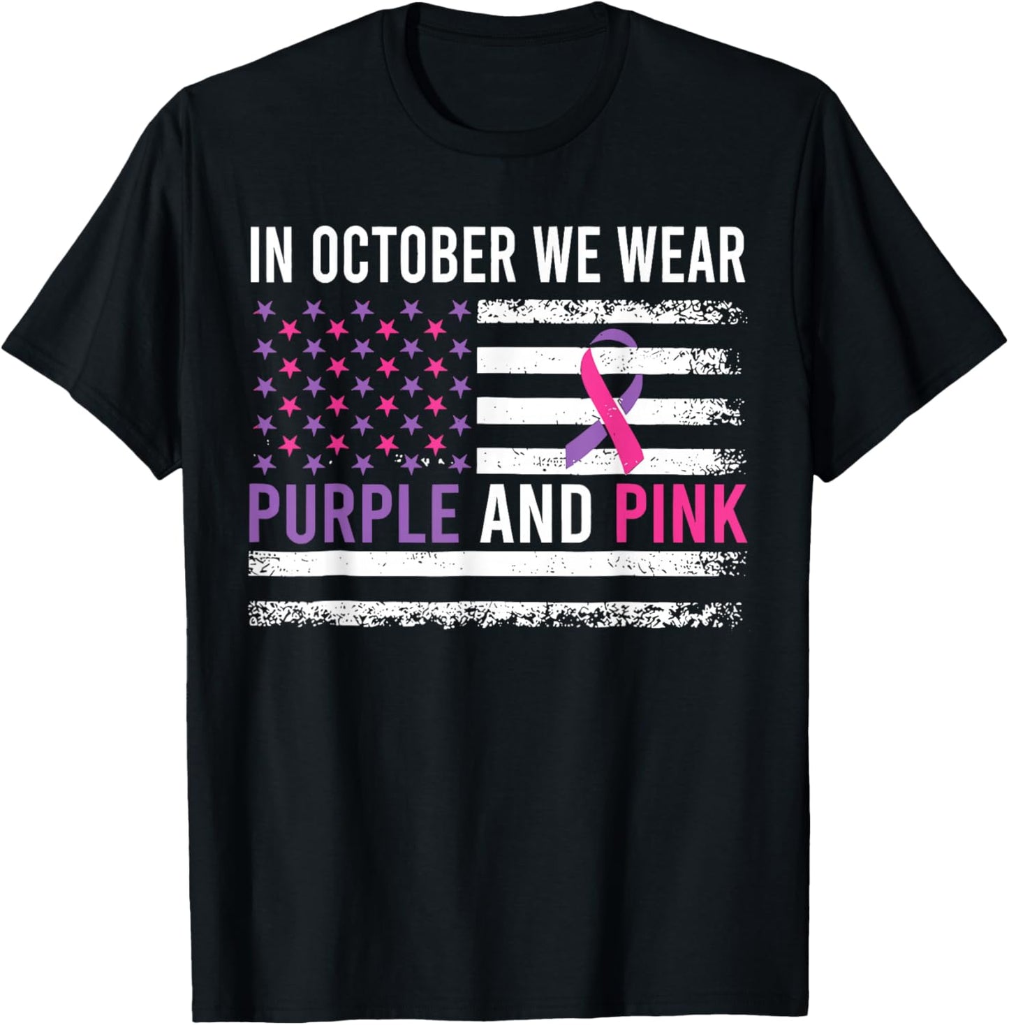 in October We Wear Purple and Pink USA Flag Men Women Kids T-Shirt - T-Shirt | Black