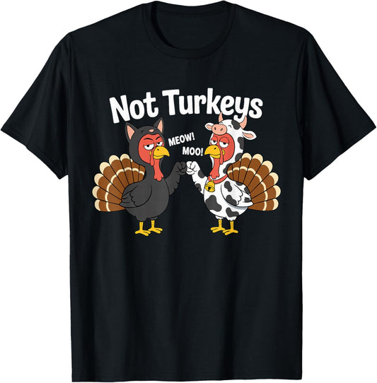 Thanksgiving Turkeys Cat Cow Disguise Fist Bump Meow Moo T-Shirt - T-Shirt | Black