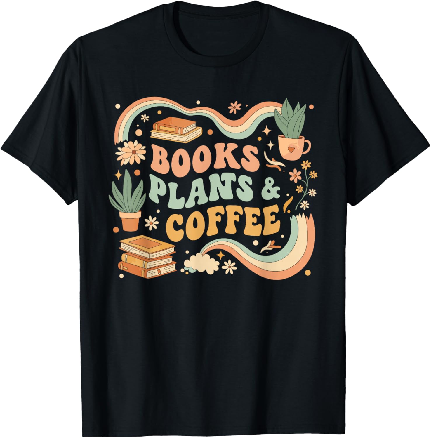 Book Lover Coffee Plants Retro Cozy Succulent Reading Groovy T-Shirt - T-Shirt | Black