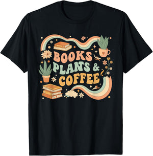 Book Lover Coffee Plants Retro Cozy Succulent Reading Groovy T-Shirt - T-Shirt | Black