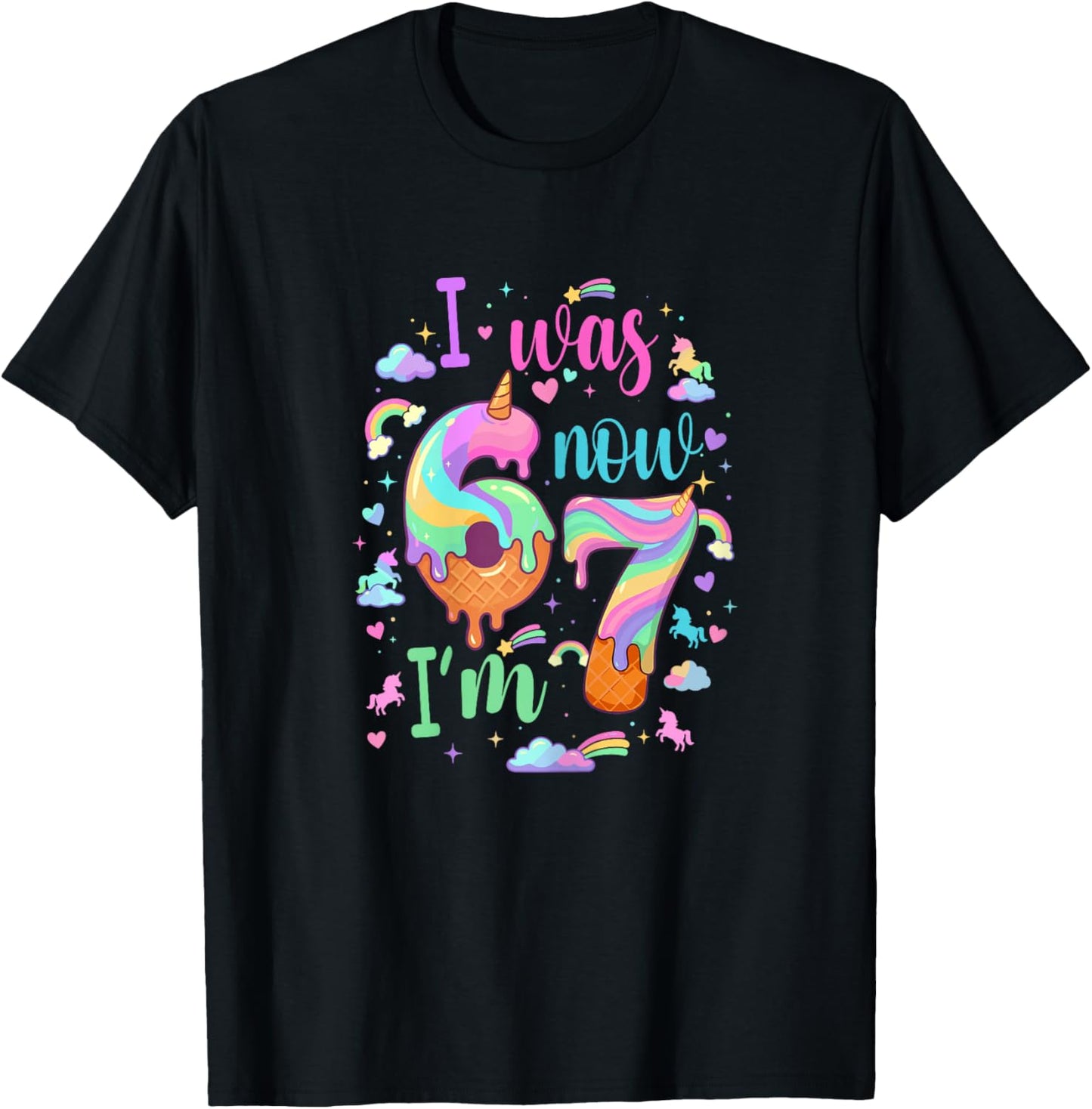 I was 6 Now I'm 7 Meme Unicorn Ice Cream Cone 7th Birthday T-Shirt - T-Shirt | Black