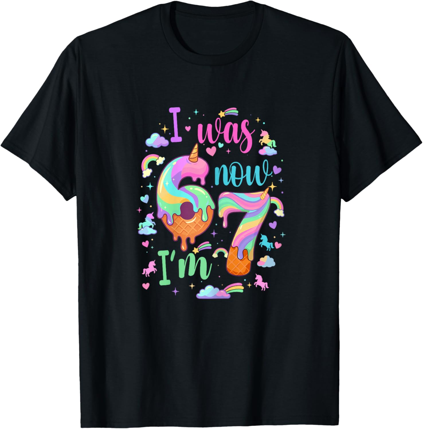 I was 6 Now I'm 7 Meme Unicorn Ice Cream Cone 7th Birthday T-Shirt - T-Shirt | Black