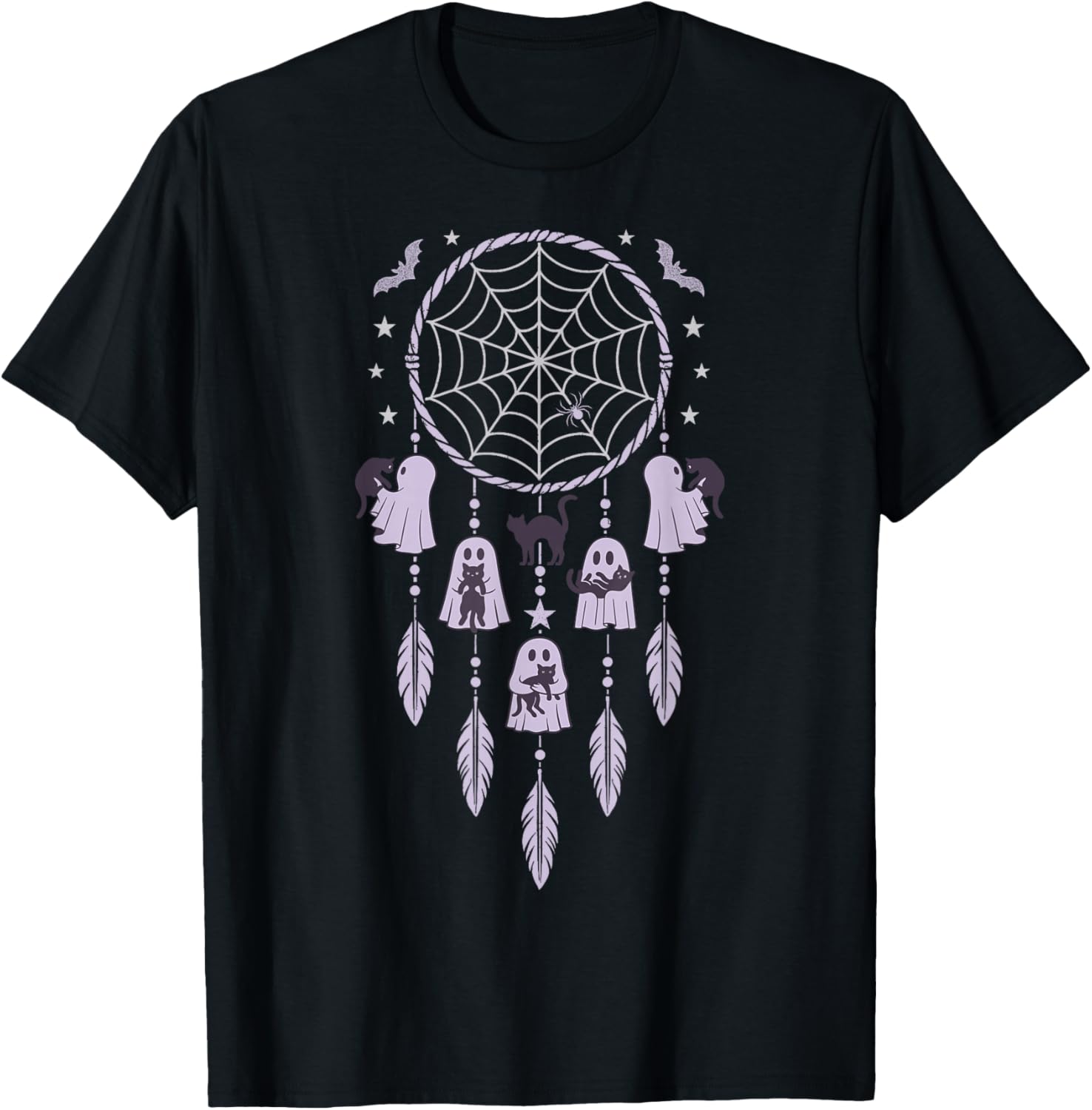 Ghosts Holding Black Cats Halloween Purple Dreamcatcher T-Shirt - T-Shirt | Black