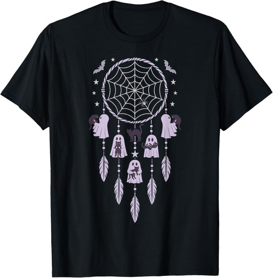 Ghosts Holding Black Cats Halloween Purple Dreamcatcher T-Shirt - T-Shirt | Black