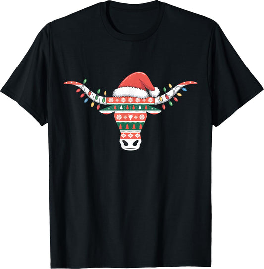 White Longhorn Ugly Christmas Sweater Santa hat Horn Antlers T-Shirt - T-Shirt | Black