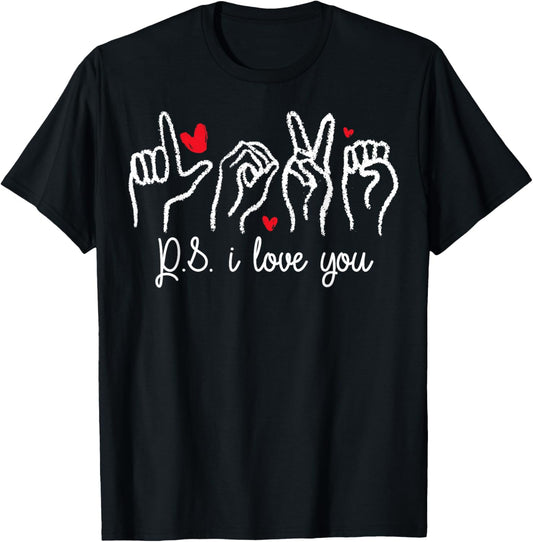 PS I Love You Day Valentine's Day Purple ASL Love Hand Sign T-Shirt - T-Shirt | Black