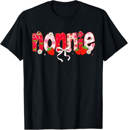 Strawberry Nonnie Coquette Bow First Birthday T-Shirt - T-Shirt | Black