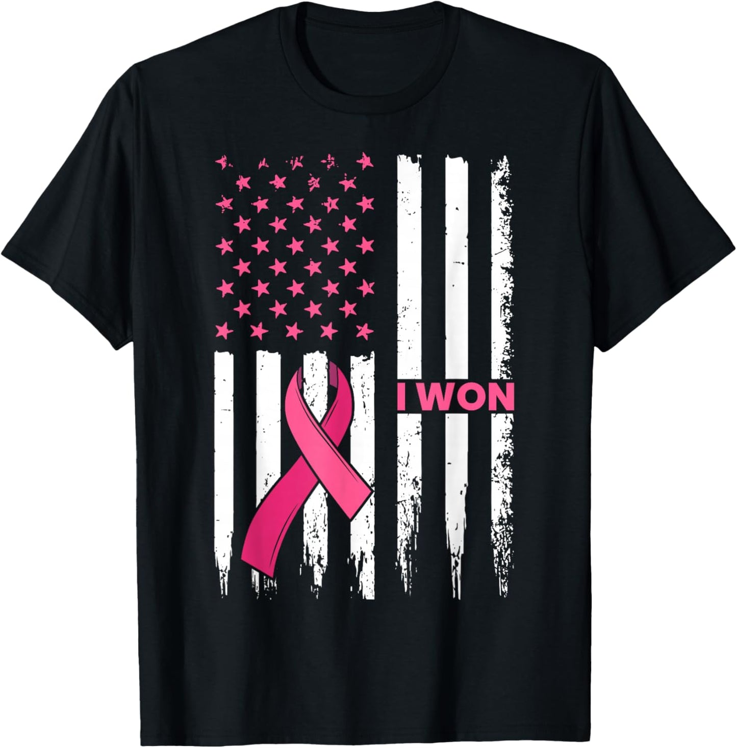 Breast Cancer Survivor I Won Pink Ribbon US Flag Awareness T-Shirt - T-Shirt | Black
