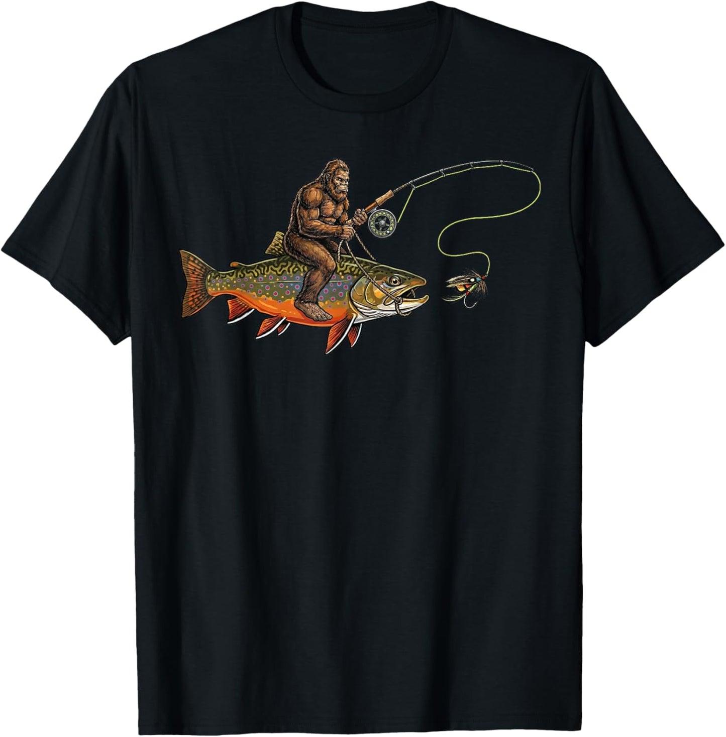 Brook Trout Fishing Bigfoot Riding Fisherman Funny Angler T-Shirt - T-Shirt | Black