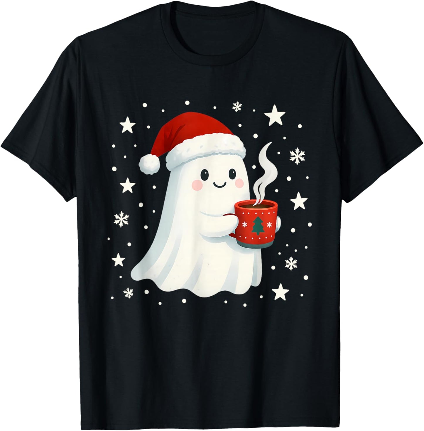 Cute Christmas Ghost with Hot Cocoa Santa Hat Winter Holiday T-Shirt - T-Shirt | Black