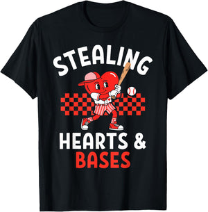Boys Baseball Valentines Day Stealing Hearts Valentine Kids T-Shirt - T-Shirt | Black