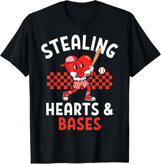 Boys Baseball Valentines Day Stealing Hearts Valentine Kids T-Shirt - T-Shirt | Black