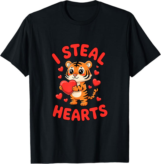 Valentine's Day Cute Tiger I Steal Hearts Love T-Shirt - T-Shirt | Black