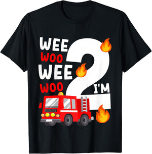 Boys Birthday Wee Woo Wee Woo I'm 2 Red Fire Truck T-Shirt - T-Shirt | Black