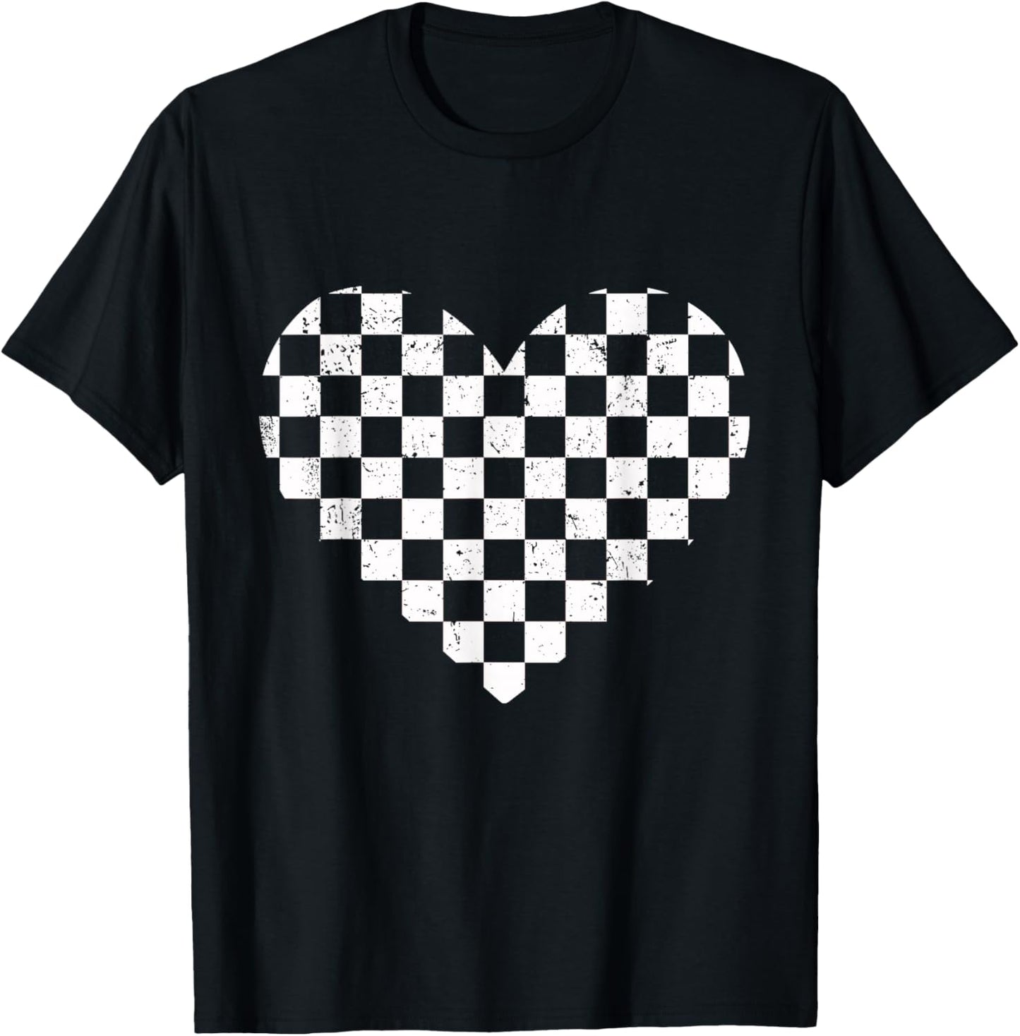 Girls Valentines Heart Silhouette Checkerboard Retro T-Shirt - T-Shirt | Black