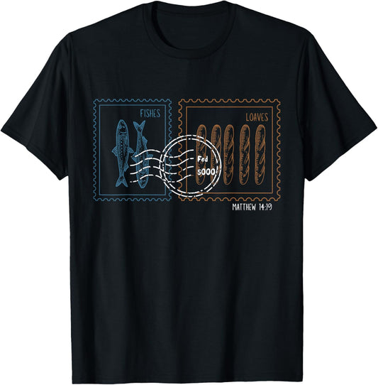 Stamp Loaves and Fishes Bible Verse Matthew 14;19 Christian T-Shirt - T-Shirt | Black