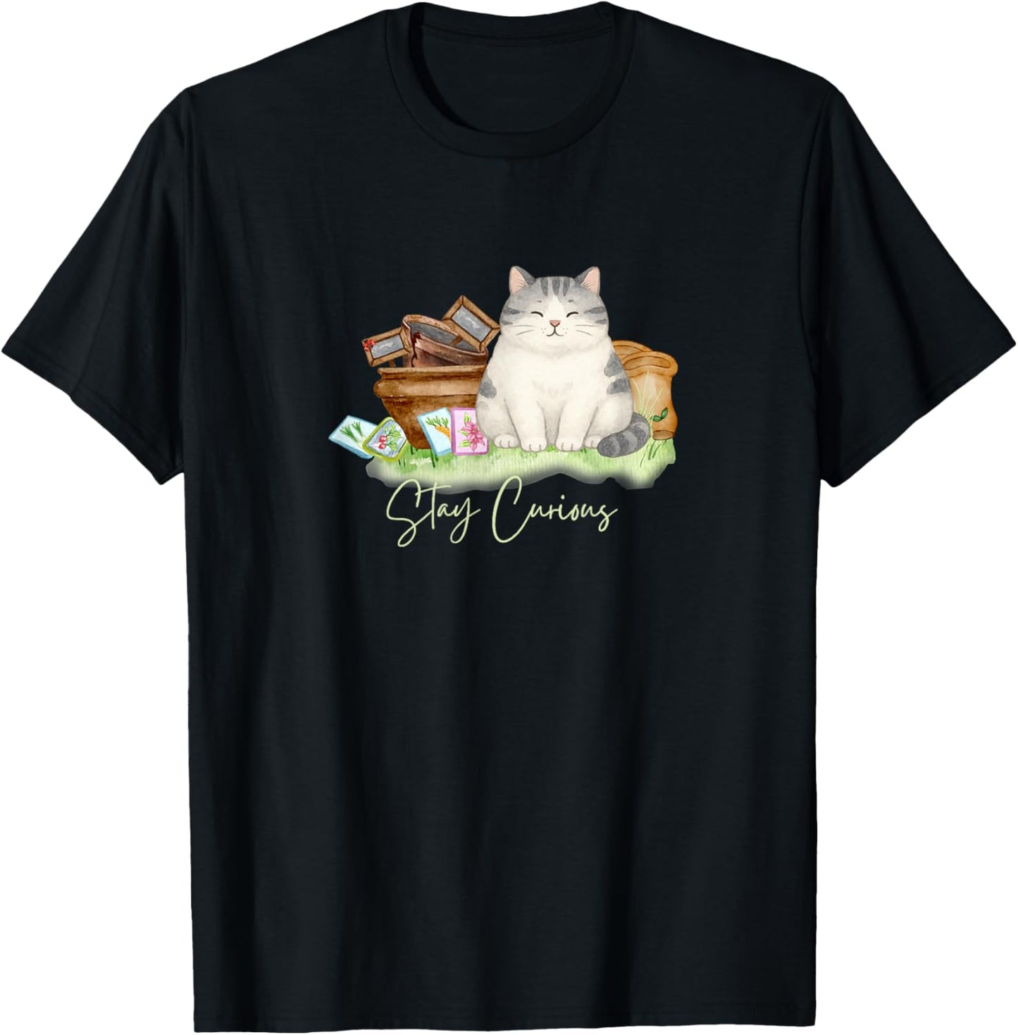 Stay Curious Cat – Whimsical Garden Art T-Shirt - T-Shirt | Black
