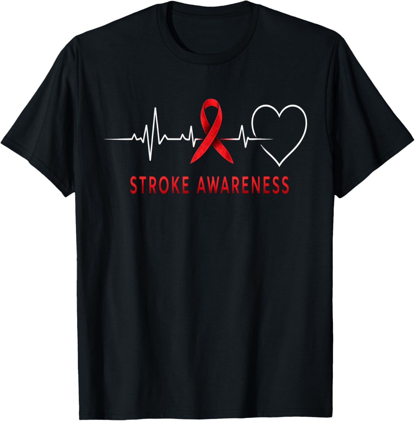 Red Ribbon Heart ECG Medical Stroke Awareness Heartbeat T-Shirt - T-Shirt | Black