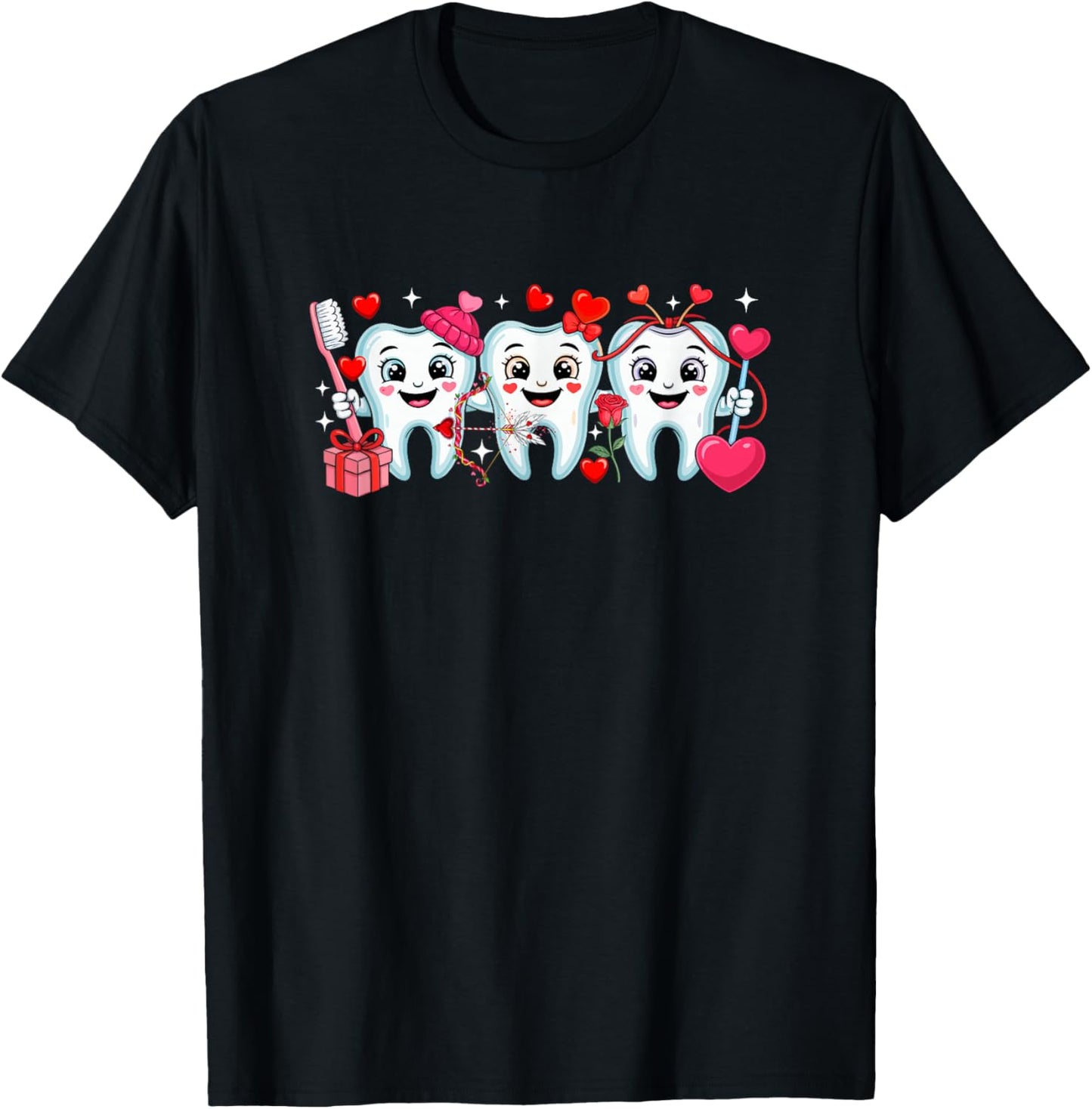Valentine's Day Three Cute Teeth Dentist Holding Hearts T-Shirt - T-Shirt | Black