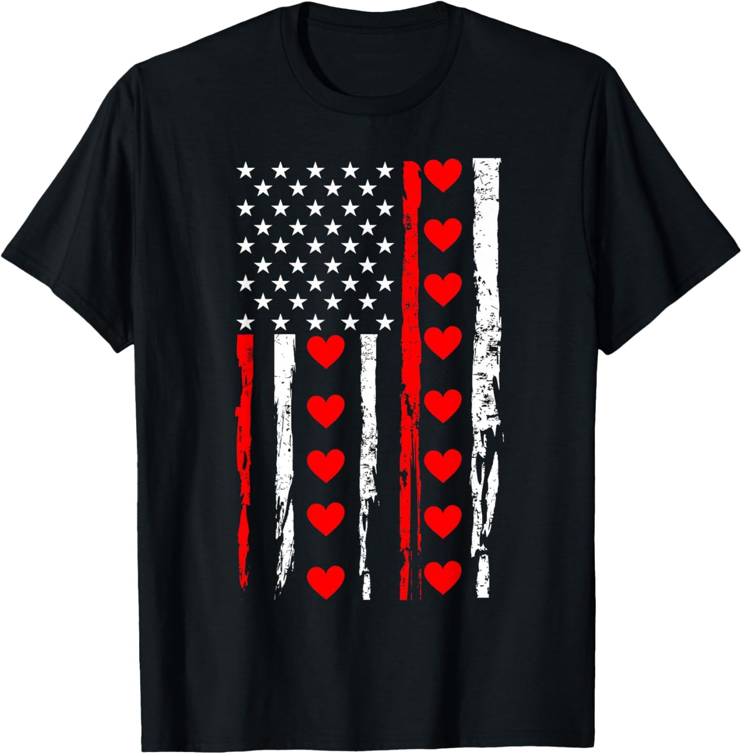 Valentines Day USA American Flag Hearts T-Shirt - T-Shirt | Black