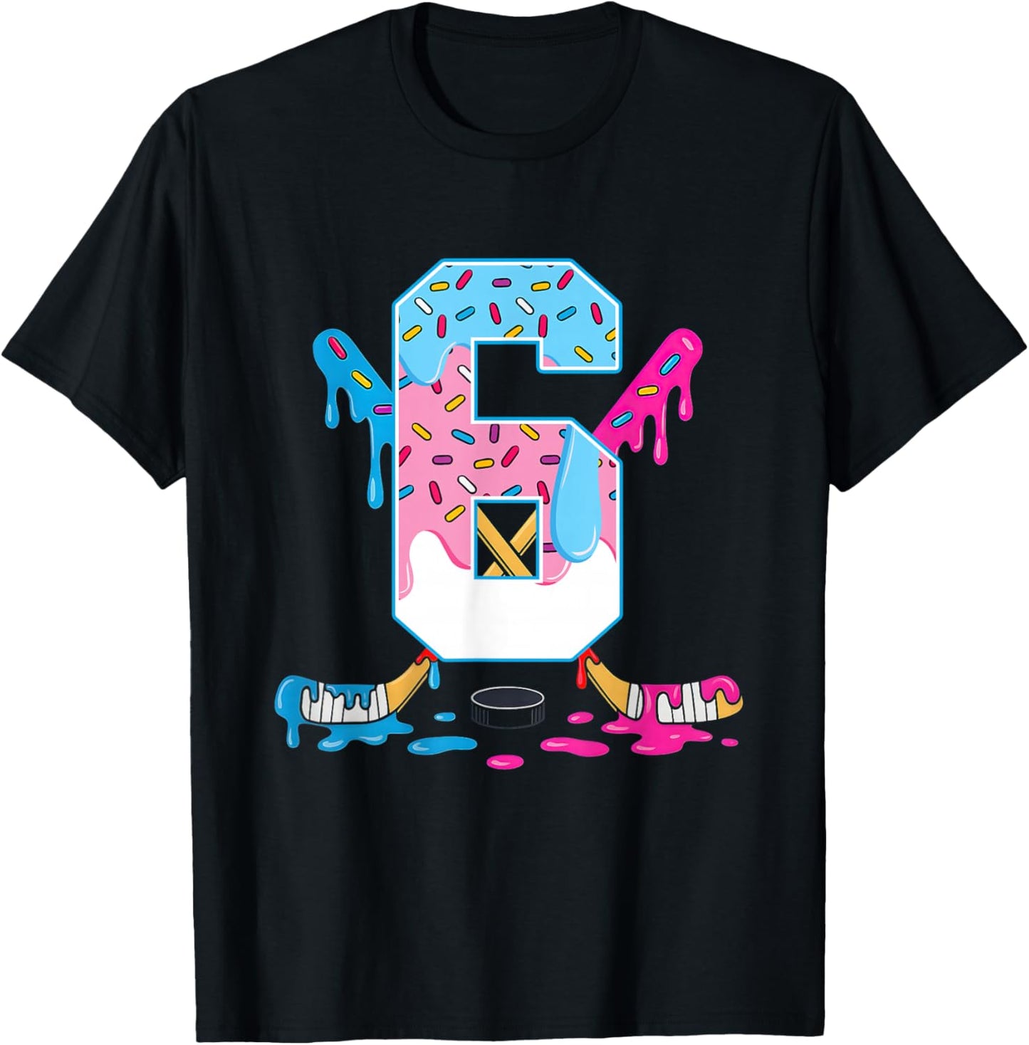 Hockey 6 Years Old Ice Cream Drip 6th Birthday Kids Gift T-Shirt - T-Shirt | Black
