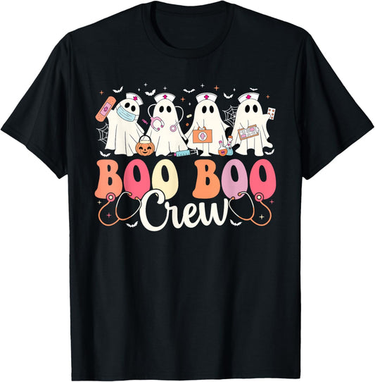 Boo Boo Crew Nurse Ghost Scrub Top Women Halloween Nursing T-Shirt - T-Shirt | Black