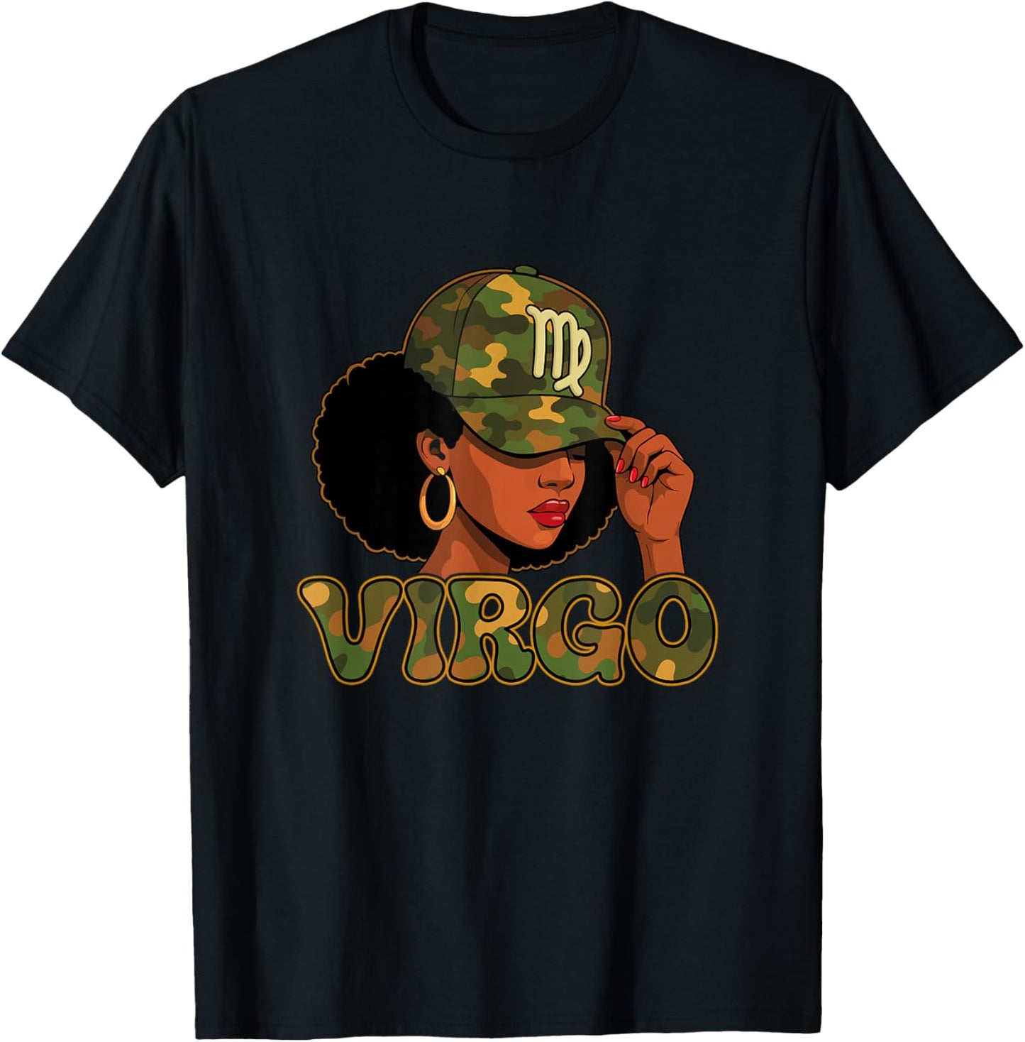 Virgo Queen Virgo Zodiac Sign Camo Afro Girl T-Shirt - T-Shirt | Black
