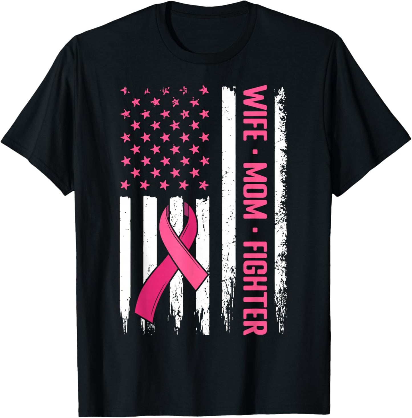 US Flag Pink Ribbon Survivor Warrior Breast Cancer Awareness T-Shirt - T-Shirt | Black