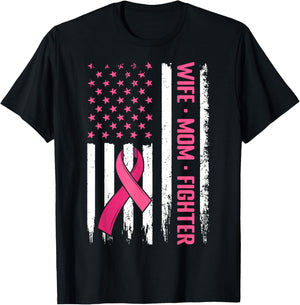 US Flag Pink Ribbon Survivor Warrior Breast Cancer Awareness T-Shirt - T-Shirt | Black