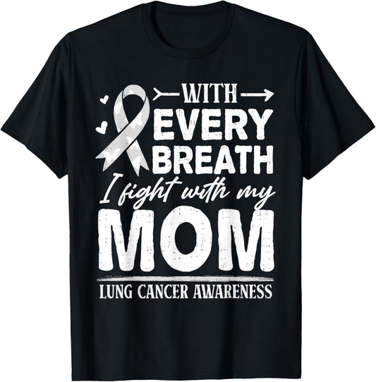Mom Lung Cancer Awareness White Ribbon Family Support T-Shirt - T-Shirt | Black