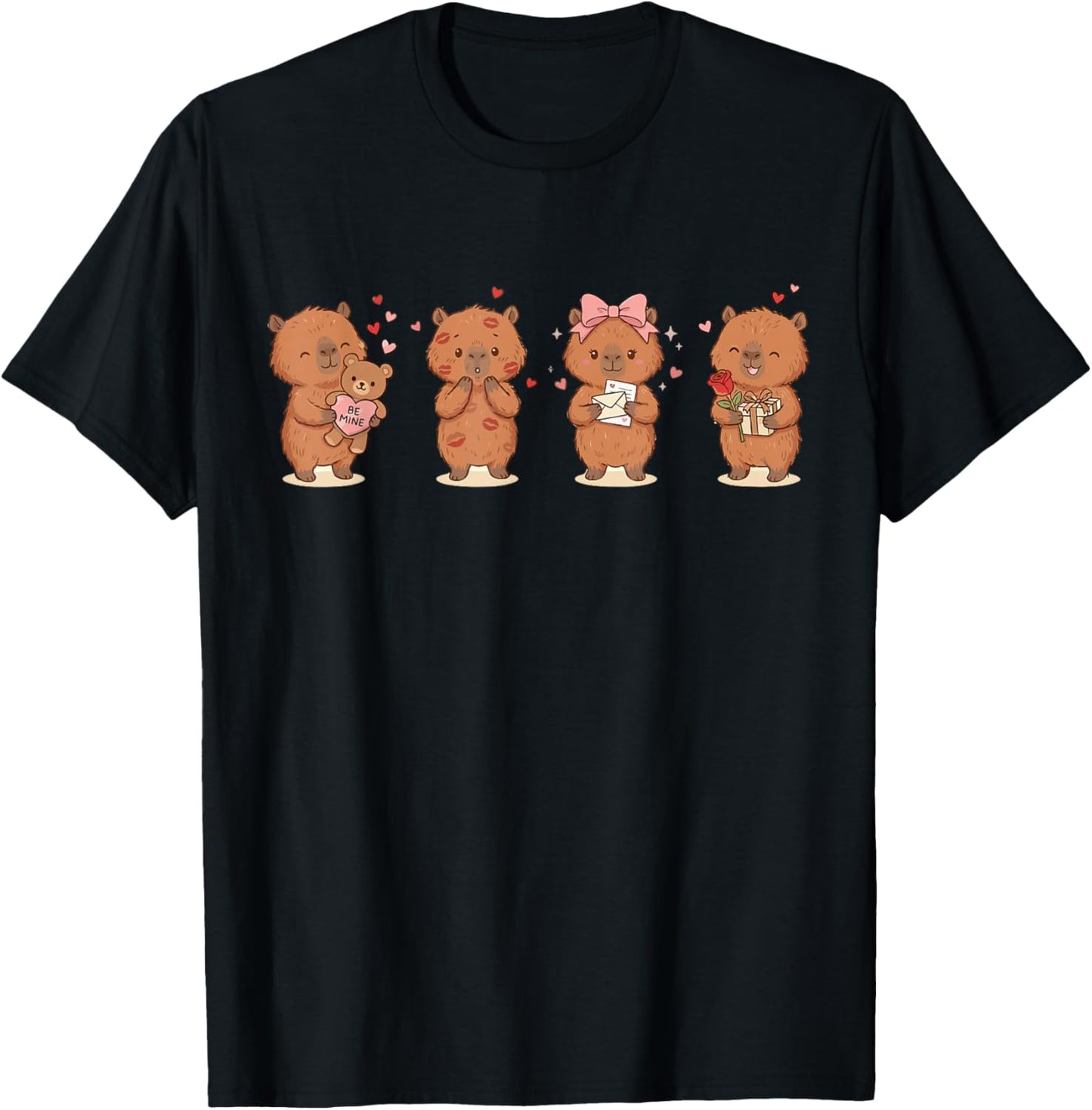 Cute Capybara Valentine's Day Kisses Be Mine Teddy Bear T-Shirt - T-Shirt | Black