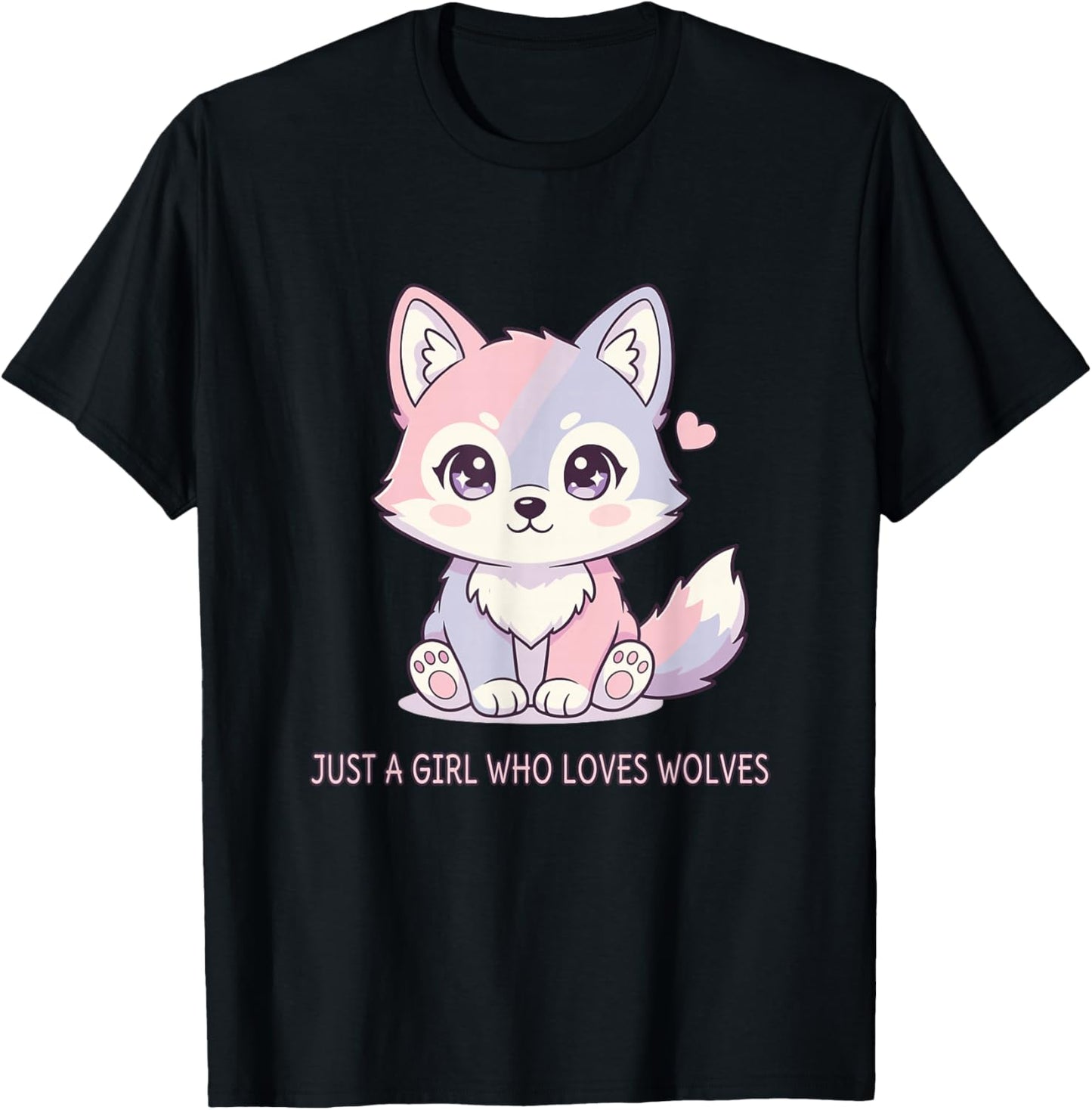 Just A Girl Who Loves Wolves Cute Kawaii Wolf Lover T-Shirt - T-Shirt | Black