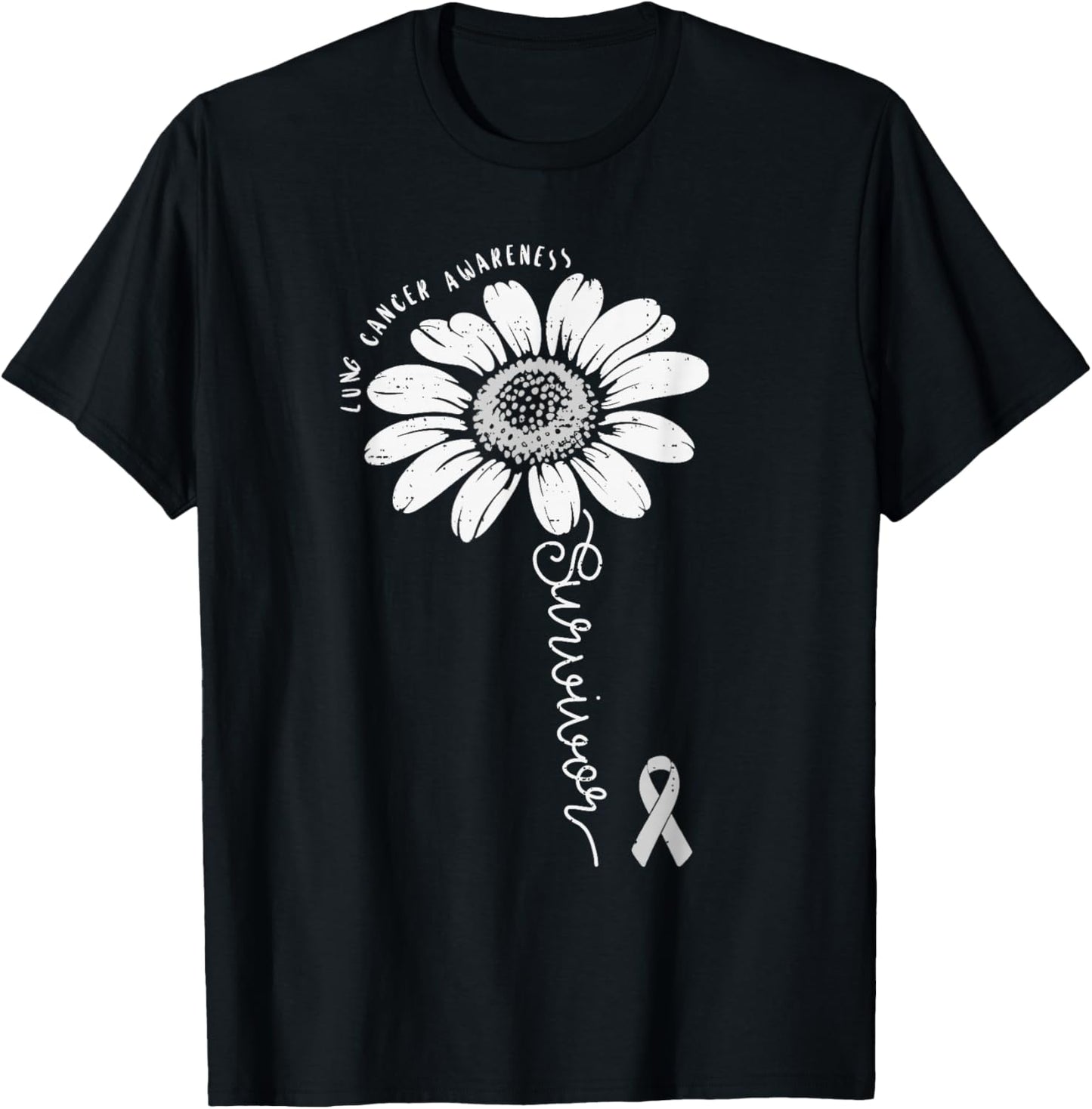 Lung Cancer Awareness Survivor Flower White Ribbon Support T-Shirt - T-Shirt | Black