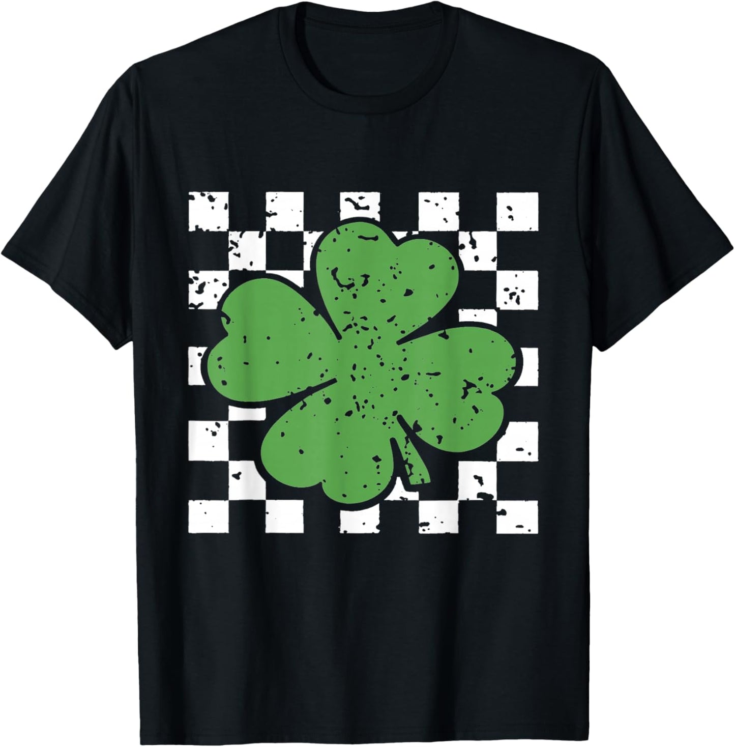 Vintage Four Leaf Clover Checkered Pattern Green T-Shirt - T-Shirt | Black