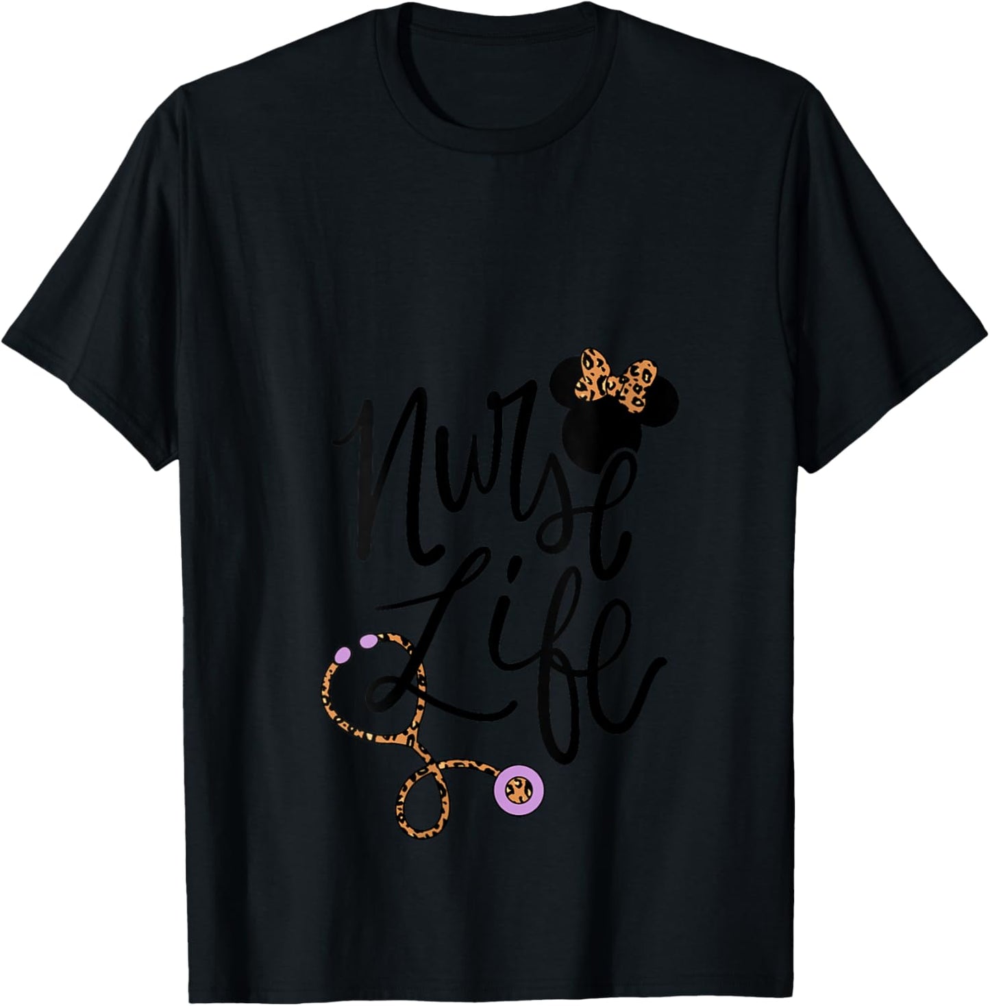 Women's Disney Minnie Mouse Nurse Life Print Pattern Bow Stethoscope V-Neck T-Shirt - T-Shirt | Black