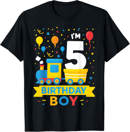 Five 5yr 5th Kids Boys Girls Train Birthday Boy 5 Years Old T-Shirt - T-Shirt | Black