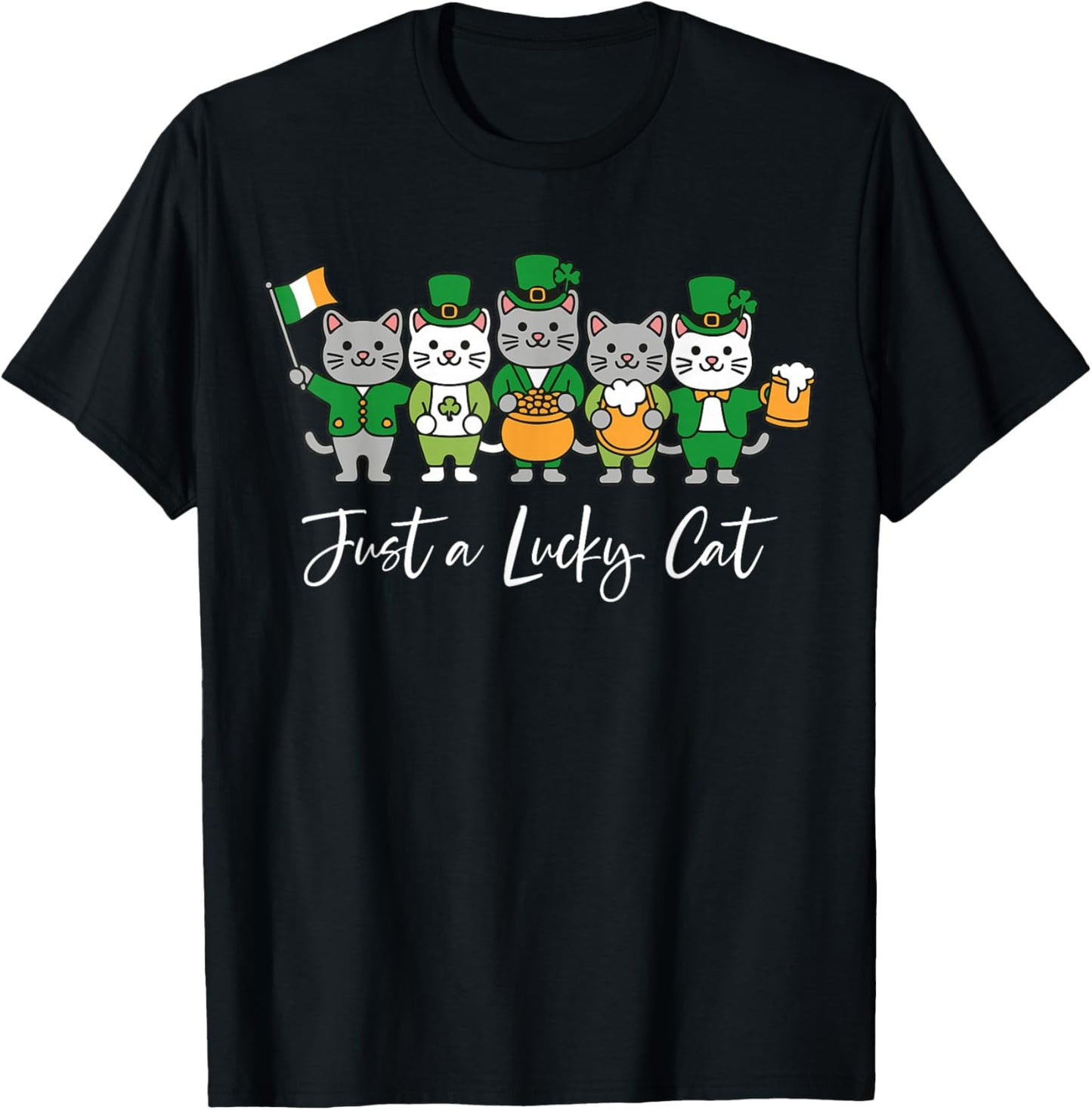 Funny Just A Lucky Cat St Patrick's Day Cute Kitten Shamrock T-Shirt - T-Shirt | Black
